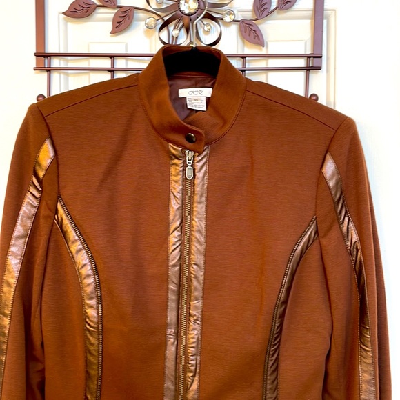Caché Vintage Brown Zip-Up Jacket w/ Faux Leather Trim & Side-Lace Sleeves - Picture 2 of 11